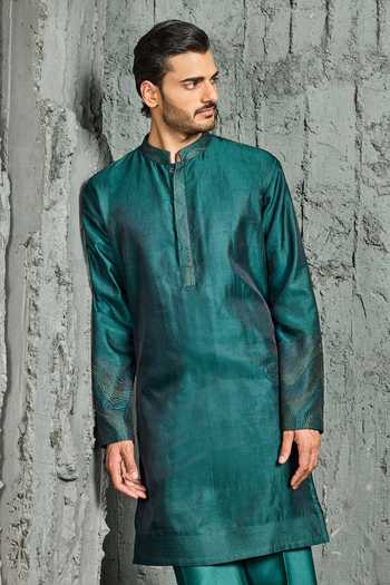 Shop_Sarab Khanijou_Green Chanderi Silk Wave Nehru Jacket And Kurta Set _Online_at_Aza_Fashions