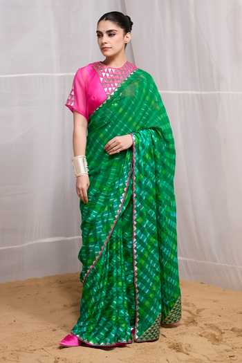 Buy_Naina Jain_Green Silk, Organza, Georgette Round Neck Ret Stripe Pattern Saree With Blouse _Online_at_Aza_Fashions
