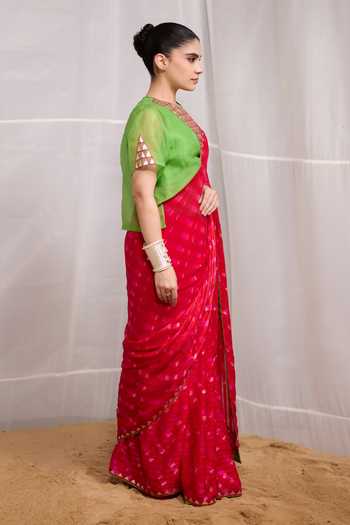 Naina Jain Pink Silk, Organza, Georgette Round Neck Ret Checkered Pattern Saree With Blouse Online at Aza Fashions Naina Jain_Pink Silk, Organza, Georgette Round Neck Ret Checkered Pattern Saree With Blouse _Online_at_Aza_Fashions