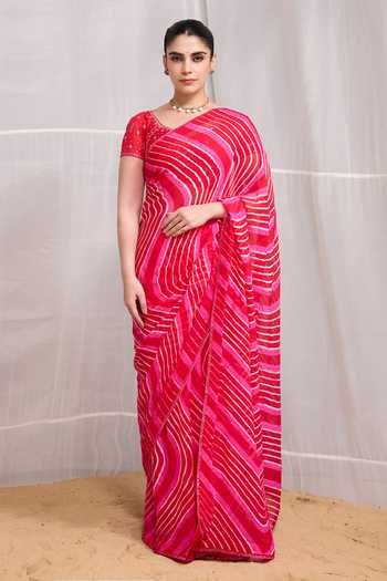 Shop_Naina Jain_Pink Silk, Chiffon Round Neck Tarang Hand Dyed Saree With Blouse _Online_at_Aza_Fashions