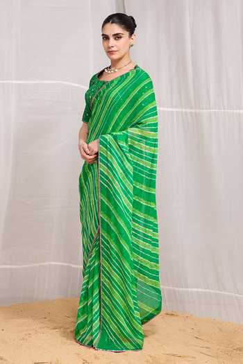 Buy Naina Jain Green Silk, Chiffon Round Neck Tarang Leheriya Pattern Saree With Blouse Online at Aza Fashions Buy_Naina Jain_Green Silk, Chiffon Round Neck Tarang Leheriya Pattern Saree With Blouse _Online_at_Aza_Fashions