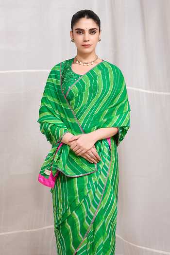 Shop Naina Jain Green Silk, Chiffon Round Neck Tarang Leheriya Pattern Saree With Blouse Online at Aza Fashions Shop_Naina Jain_Green Silk, Chiffon Round Neck Tarang Leheriya Pattern Saree With Blouse _Online_at_Aza_Fashions