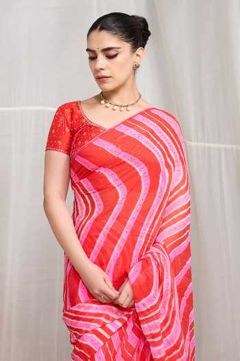 Shop Naina Jain Pink Silk, Chiffon Round Neck Tarang Stripe Pattern Saree With Blouse Online at Aza Fashions Shop_Naina Jain_Pink Silk, Chiffon Round Neck Tarang Stripe Pattern Saree With Blouse _Online_at_Aza_Fashions