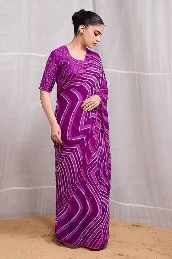 Buy Naina Jain Purple Silk, Chiffon Round Neck Tarang Leheriya Striped Saree With Blouse Online at Aza Fashions Buy_Naina Jain_Purple Silk, Chiffon Round Neck Tarang Leheriya Striped Saree With Blouse _Online_at_Aza_Fashions