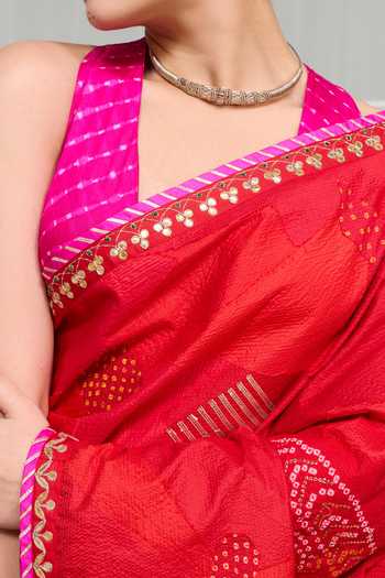 Naina Jain Pink Silk Boond Bandhani Saree With Unstitched Blouse Piece Online at Aza Fashions Naina Jain_Pink Silk Boond Bandhani Saree With Unstitched Blouse Piece _Online_at_Aza_Fashions