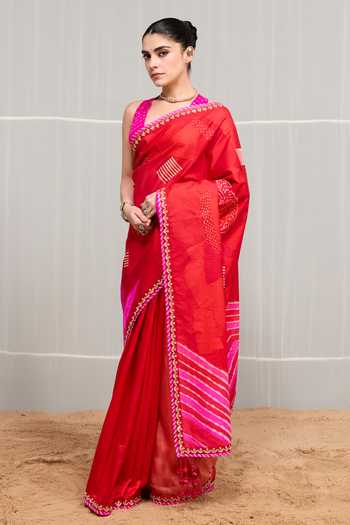 Shop Naina Jain Pink Silk Boond Bandhani Saree With Unstitched Blouse Piece Online at Aza Fashions Shop_Naina Jain_Pink Silk Boond Bandhani Saree With Unstitched Blouse Piece _Online_at_Aza_Fashions
