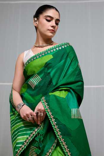 Shop Naina Jain Green Silk Boond Patchwork Saree With Unstitched Blouse Piece Online at Aza Fashions Shop_Naina Jain_Green Silk Boond Patchwork Saree With Unstitched Blouse Piece _Online_at_Aza_Fashions