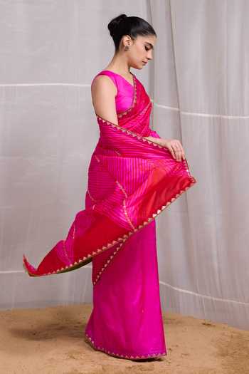 Naina Jain Pink Silk V-neck Dori Hand Dyed Saree With Unstitched Blouse Piece Online at Aza Fashions Naina Jain_Pink Silk V-neck Dori Hand Dyed Saree With Unstitched Blouse Piece _Online_at_Aza_Fashions