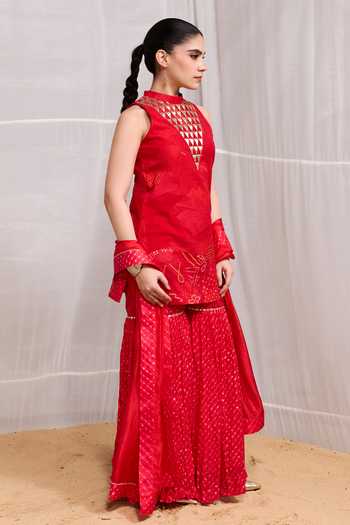 Shop Naina Jain Red Silk High Neck, Yes Dhora Embroidered Kurta Gharara Set Online at Aza Fashions Shop_Naina Jain_Red Silk High Neck, Yes Dhora Embroidered Kurta Gharara Set _Online_at_Aza_Fashions