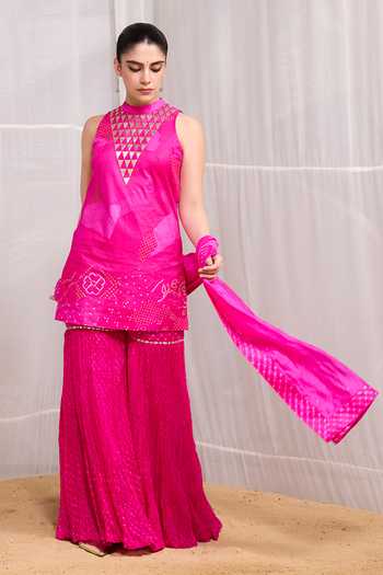 Naina Jain Pink Silk High Neck Dhora Embroidered Short Kurta Gharara Set Online at Aza Fashions Naina Jain_Pink Silk High Neck Dhora Embroidered Short Kurta Gharara Set _Online_at_Aza_Fashions