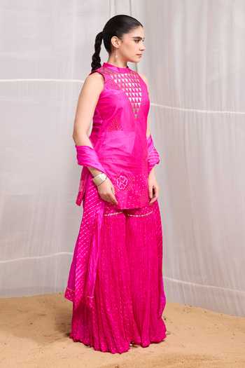 Shop Naina Jain Pink Silk High Neck Dhora Embroidered Short Kurta Gharara Set Online at Aza Fashions Shop_Naina Jain_Pink Silk High Neck Dhora Embroidered Short Kurta Gharara Set _Online_at_Aza_Fashions
