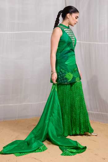 Buy Naina Jain Green Silk High Neck Dhora Patchwork Short Kurta Gharara Set Online at Aza Fashions Buy_Naina Jain_Green Silk High Neck Dhora Patchwork Short Kurta Gharara Set _Online_at_Aza_Fashions