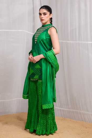 Shop Naina Jain Green Silk High Neck Dhora Patchwork Short Kurta Gharara Set Online at Aza Fashions Shop_Naina Jain_Green Silk High Neck Dhora Patchwork Short Kurta Gharara Set _Online_at_Aza_Fashions