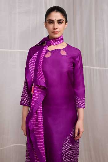 Naina Jain Purple Silk, Georgette Tassels Keyhole Neck Raah Bandhani Kurta Pant Set Online at Aza Fashions Naina Jain_Purple Silk, Georgette Tassels Keyhole Neck Raah Bandhani Kurta Pant Set _Online_at_Aza_Fashions