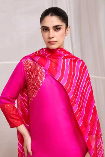 Shop Naina Jain Pink Silk, Chiffon Notched Neck, Yes Saanjh Circular Bandhani Pattern Kurta Set Online at Aza Fashions Shop_Naina Jain_Pink Silk, Chiffon Notched Neck, Yes Saanjh Circular Bandhani Pattern Kurta Set _Online_at_Aza_Fashions