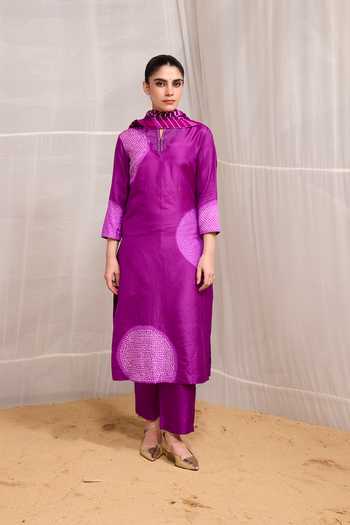 Buy Naina Jain Purple Silk, Chiffon Split V-neck Saanjh Shibori Motif Kurta Set Buy_Naina Jain_Purple Silk, Chiffon Split V-neck Saanjh Shibori Motif Kurta Set