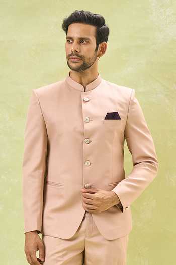 Buy Arihant Rai Sinha Pink Cotton Mandarin Collared Bandhgala And Pant Set at Aza Fashions Buy_Arihant Rai Sinha_Pink Cotton Mandarin Collared Bandhgala And Pant Set _at_Aza_Fashions