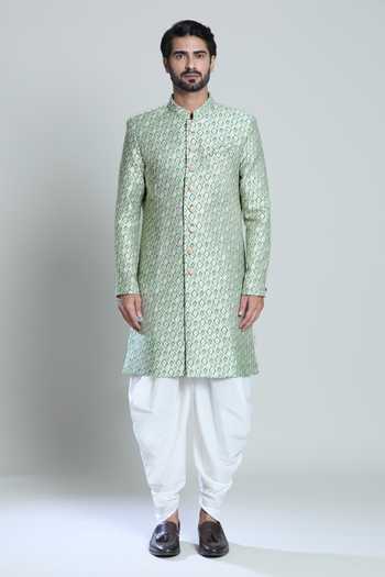 Arihant Rai Sinha White Silk, Jacquard Embroidery Floral Green Sherwani Set Online at Aza Fashions Arihant Rai Sinha_White Silk, Jacquard Embroidery Floral Green Sherwani Set _Online_at_Aza_Fashions