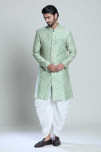 Buy Arihant Rai Sinha White Silk, Jacquard Embroidery Floral Green Sherwani Set Online at Aza Fashions Buy_Arihant Rai Sinha_White Silk, Jacquard Embroidery Floral Green Sherwani Set _Online_at_Aza_Fashions