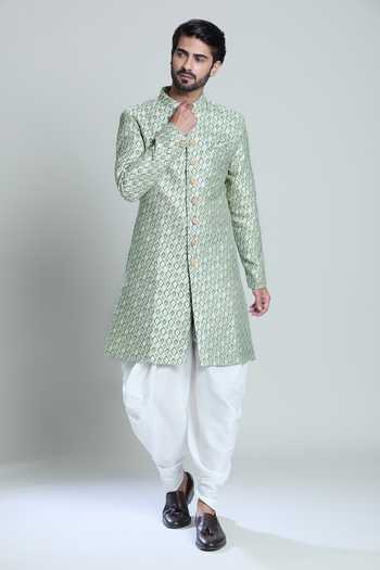 Arihant Rai Sinha White Silk, Jacquard Embroidery Floral Green Sherwani Set at Aza Fashions Arihant Rai Sinha_White Silk, Jacquard Embroidery Floral Green Sherwani Set _at_Aza_Fashions