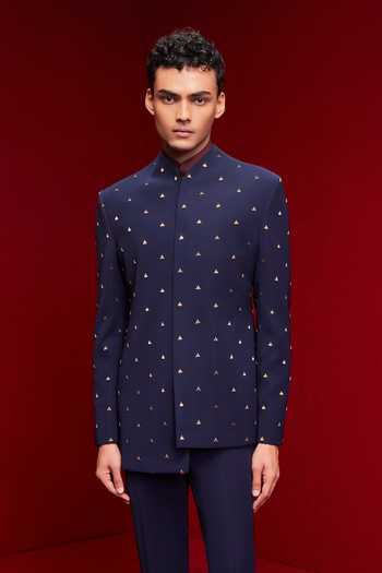 Tisa - Men Blue Viscose Zari Asymmetric Embroidered Bandhgala Set Online at Aza Fashions Tisa - Men_Blue Viscose Zari Asymmetric Embroidered Bandhgala Set _Online_at_Aza_Fashions