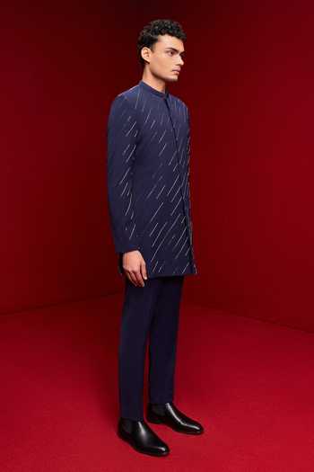 Shop_Tisa - Men_Blue Viscose, Rayon, Terrycloth Embroidered Sherwani And Kurta Set _Online_at_Aza_Fashions