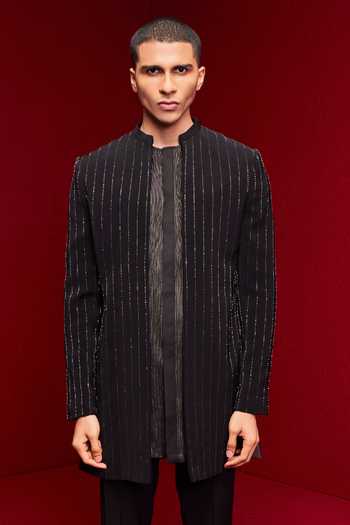 Tisa - Men Black Viscose, Rayon, Terrycloth Embroidered Sherwani And Kurta Set Online at Aza Fashions Tisa - Men_Black Viscose, Rayon, Terrycloth Embroidered Sherwani And Kurta Set _Online_at_Aza_Fashions