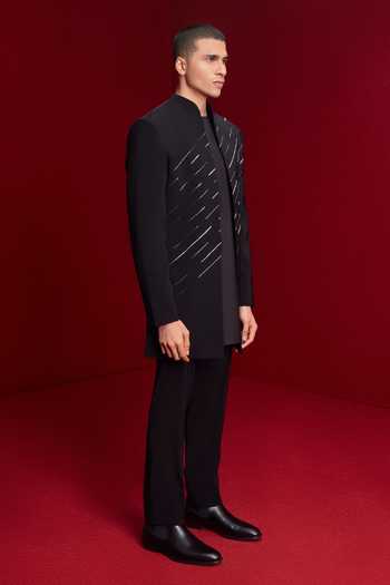 Shop_Tisa - Men_Black Viscose, Rayon, Terrycloth Zari Embroidered Bandhgala And Kurta Set _Online_at_Aza_Fashions