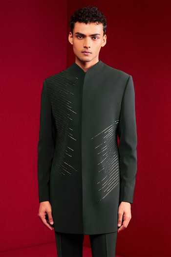 Buy_Tisa - Men_Green Viscose, Rayon, Terrycloth Zari Stripe Embroidered Bandhgala Set _Online_at_Aza_Fashions