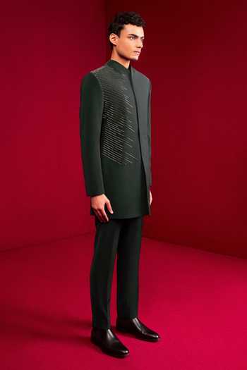 Shop_Tisa - Men_Green Viscose, Rayon, Terrycloth Zari Stripe Embroidered Bandhgala Set _Online_at_Aza_Fashions