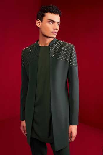 Buy_Tisa - Men_Green Viscose, Rayon, Terrycloth Zari Embroidered Bandhgala And Kurta Set _Online_at_Aza_Fashions