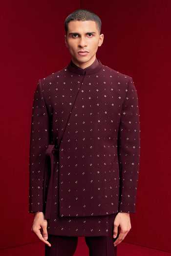 Tisa - Men Burgundy Viscose Stones Asymmetric Embroidered Bandhgala Set Online at Aza Fashions Tisa - Men_Burgundy Viscose Stones Asymmetric Embroidered Bandhgala Set _Online_at_Aza_Fashions