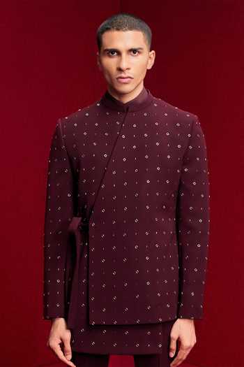 Tisa - Men Burgundy Viscose, Rayon, Terrycloth Asymmetric Embroidered Bandhgala And Kurta Set Online at Aza Fashions Tisa - Men_Burgundy Viscose, Rayon, Terrycloth Asymmetric Embroidered Bandhgala And Kurta Set _Online_at_Aza_Fashions