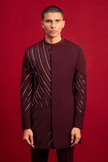Buy Tisa - Men Burgundy Viscose, Rayon, Terrycloth Zari Embroidered Bandhgala And Kurta Set Online at Aza Fashions Buy_Tisa - Men_Burgundy Viscose, Rayon, Terrycloth Zari Embroidered Bandhgala And Kurta Set _Online_at_Aza_Fashions
