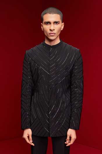 Tisa - Men Black Viscose Beads Cutdana Embroidered Bandhgala Set Online at Aza Fashions Tisa - Men_Black Viscose Beads Cutdana Embroidered Bandhgala Set _Online_at_Aza_Fashions