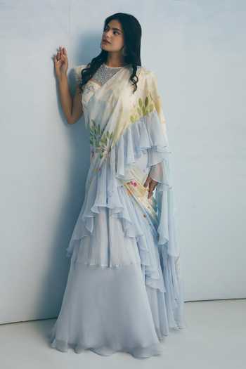 Meher By Islie Ruffle Pre-Draped Saree With Blouse