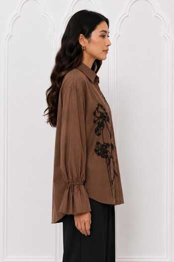 Nivedita Saboo_Brown Cotton Collared Neck Floral Embroidered Shirt _Online_at_Aza_Fashions