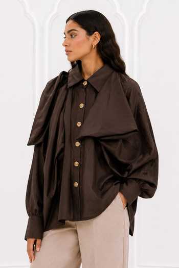 Nivedita Saboo_Brown Cotton, Satin Collared Neck Gathered Shirt _Online_at_Aza_Fashions