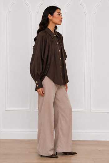 Buy_Nivedita Saboo_Brown Cotton, Satin Collared Neck Gathered Shirt _Online_at_Aza_Fashions