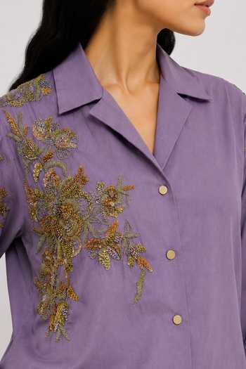 Nivedita Saboo_Purple Cotton, Satin Collared Neck Placement Embroidered Shirt _Online_at_Aza_Fashions