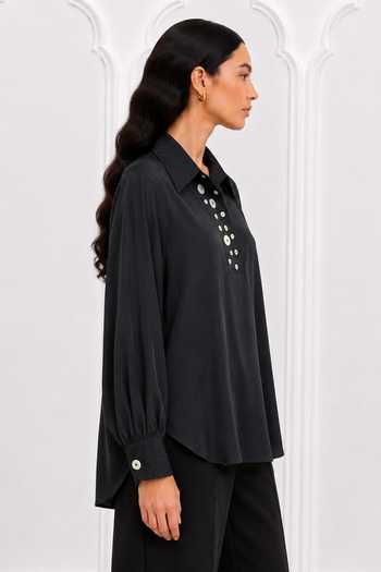 Nivedita Saboo_Blue Cotton, Satin Collared Neck High Low Embroidered Shirt _Online_at_Aza_Fashions