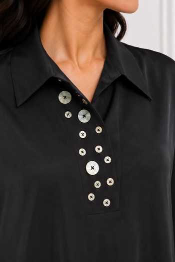 Buy_Nivedita Saboo_Blue Cotton, Satin Collared Neck High Low Embroidered Shirt _Online_at_Aza_Fashions