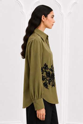 Buy_Nivedita Saboo_Olive Green Cotton, Satin Collared Neck Floral Placement Embroidered Shirt _Online_at_Aza_Fashions