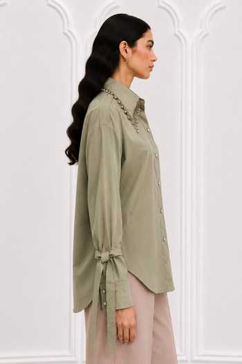 Nivedita Saboo_Green Cotton, Satin Collared Neck Crystal Embellished Shirt _Online_at_Aza_Fashions