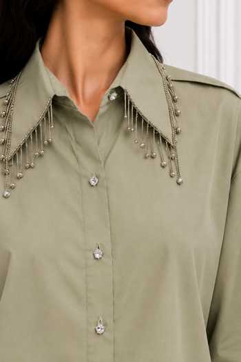 Buy_Nivedita Saboo_Green Cotton, Satin Collared Neck Crystal Embellished Shirt _Online_at_Aza_Fashions