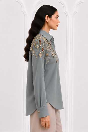 Nivedita Saboo_Blue Cotton, Satin Collared Neck Floral Embroidered Shirt _Online_at_Aza_Fashions