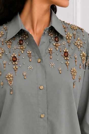Buy_Nivedita Saboo_Blue Cotton, Satin Collared Neck Floral Embroidered Shirt _Online_at_Aza_Fashions