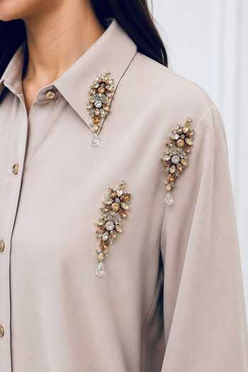 Nivedita Saboo_Grey Cotton, Twill Collared Neck Flower Embroidered Shirt _Online_at_Aza_Fashions