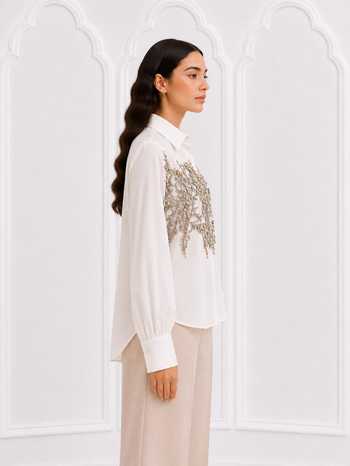 Nivedita Saboo_White Cotton Collared Neck Hand Embroidered Shirt _Online_at_Aza_Fashions