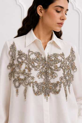 Buy_Nivedita Saboo_White Cotton Collared Neck Hand Embroidered Shirt _Online_at_Aza_Fashions
